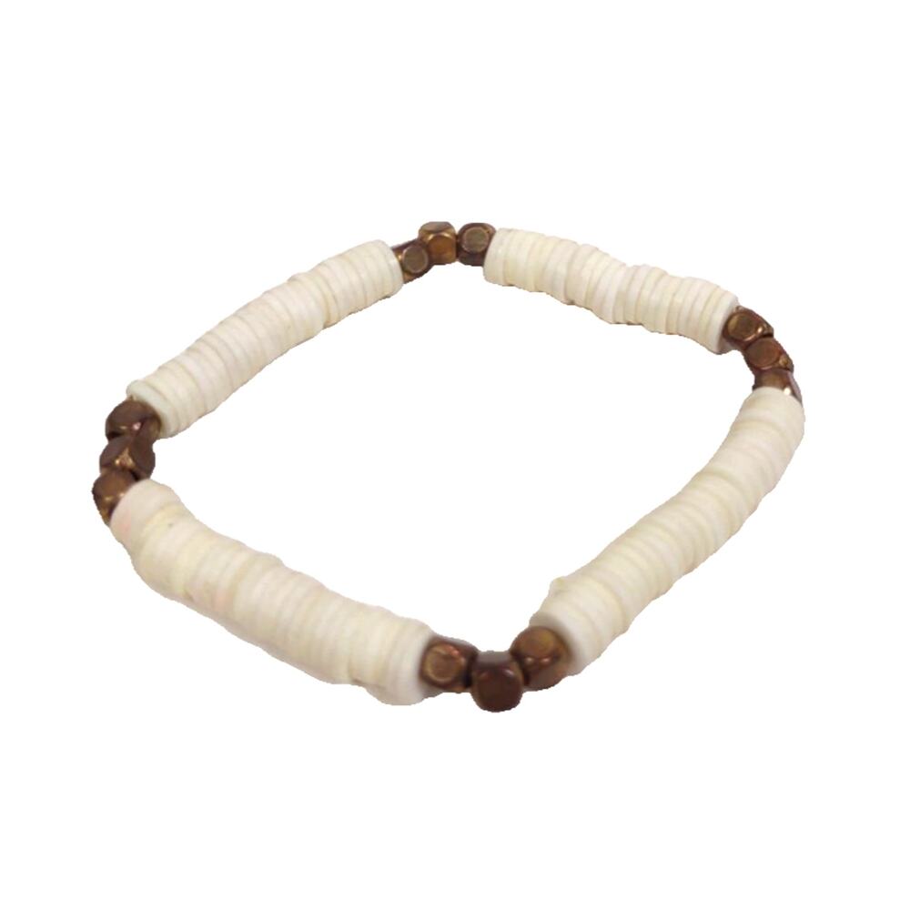 White Puka Shell & Gold Bead Bracelet Anklet Stretch Surfer Beach Island Jewelry
